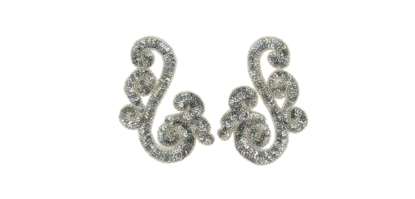 Designer Motif - Pair or Single - Iridescent SpotLight Silver Sequins - Silver Beads 6” x 4”