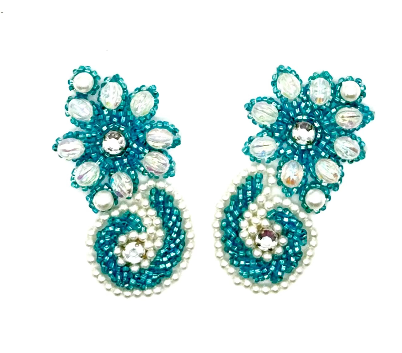 Par de flores con motivo de diseñador - Cuentas turquesas - Perlas - Diamantes de imitación 2.75" x 1.5"