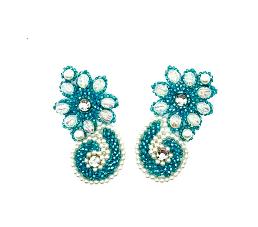 Designer Flower Pair with Turquoise Beads and Pearls and Rhinestones 2.75" x 1.5"