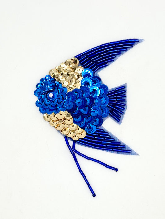 Fish with Gold and Royal Blue Sequins - Royal Blue Bugle Beads 4.75" x 2.75"
