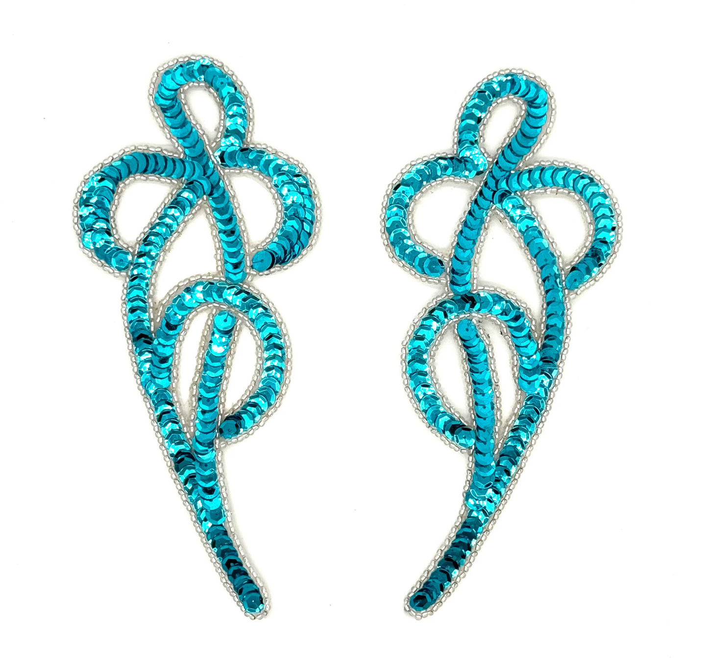 Designer Motif Pair - Turquoise Sequins - Silver Glass Beads - 7" x 3"