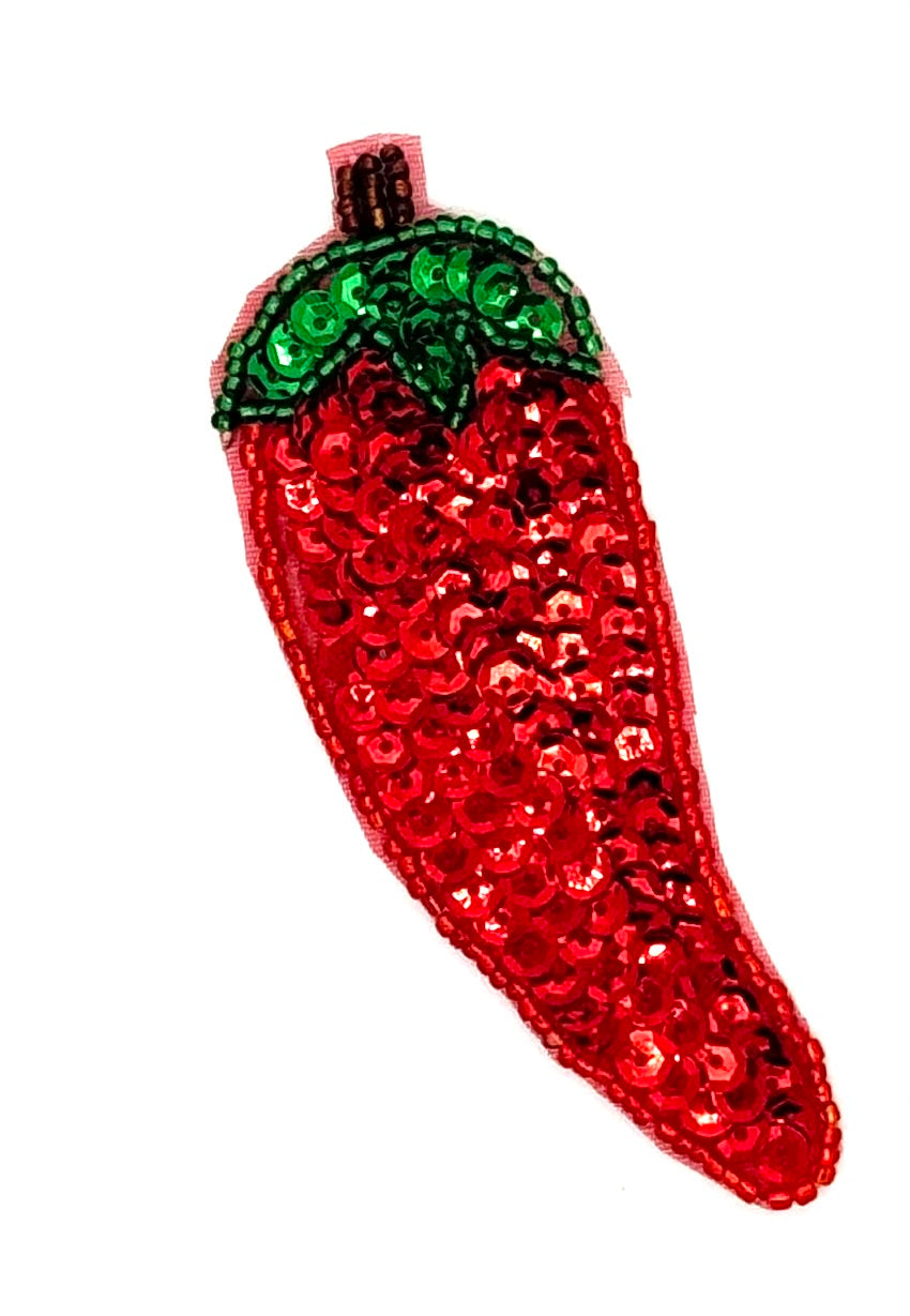 Chili Pepper Appliqué - Red/Green Sequins - Glass Beads 4" x 1.5"