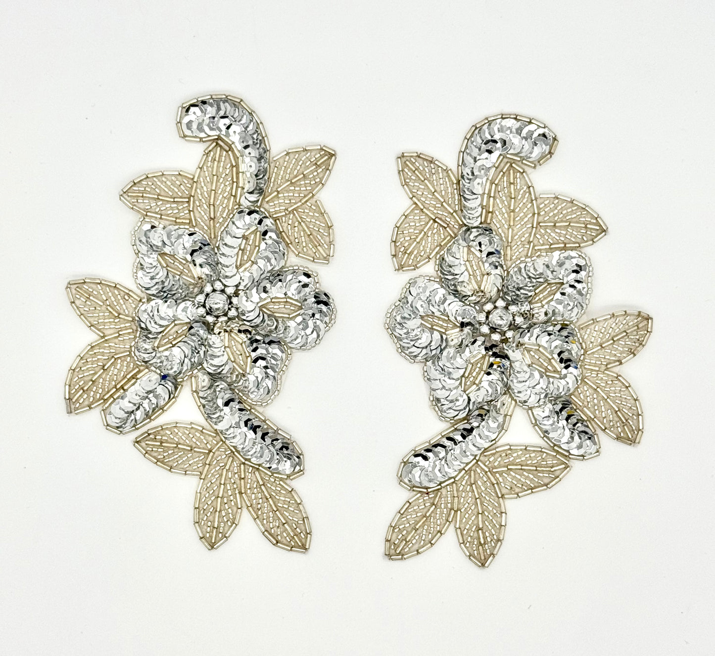 Flower with Silver Sequins and Beads , your Choice of a Pair, Single or Pre-Glued 6" x 3.5"