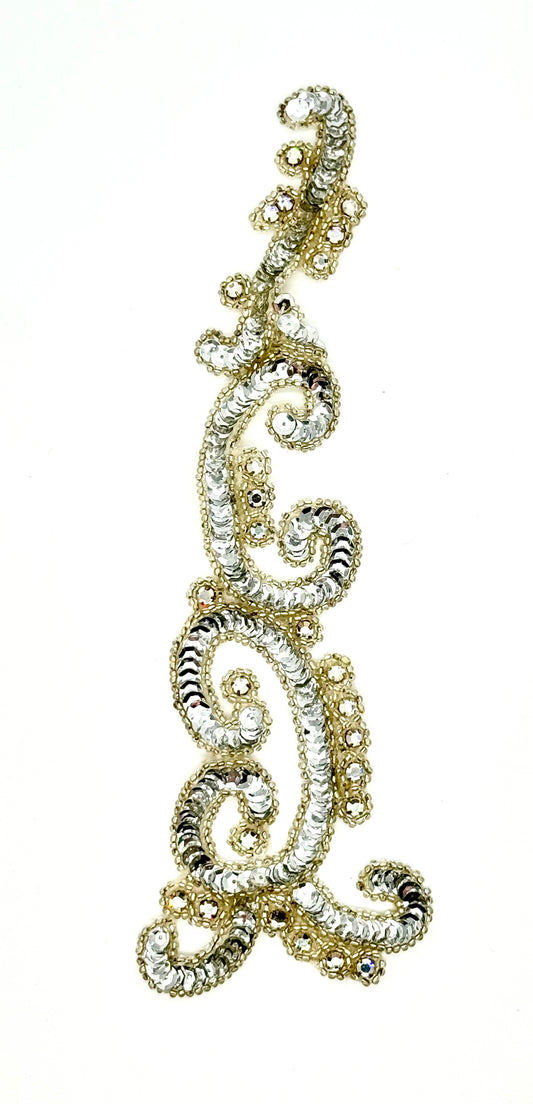 Vintage Designer Motif with Silver Sequins and Beads - 25 Rhinestones 9.5 " x 3"
