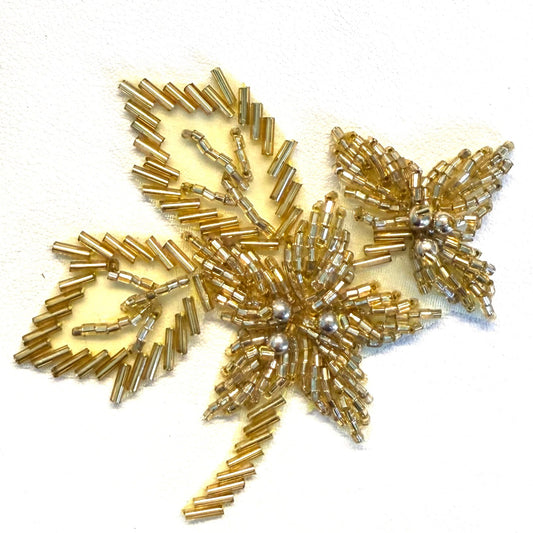 Gold Flower Appliqué with Bugle, Glass & Pearl Beads, 3.25" x 3"