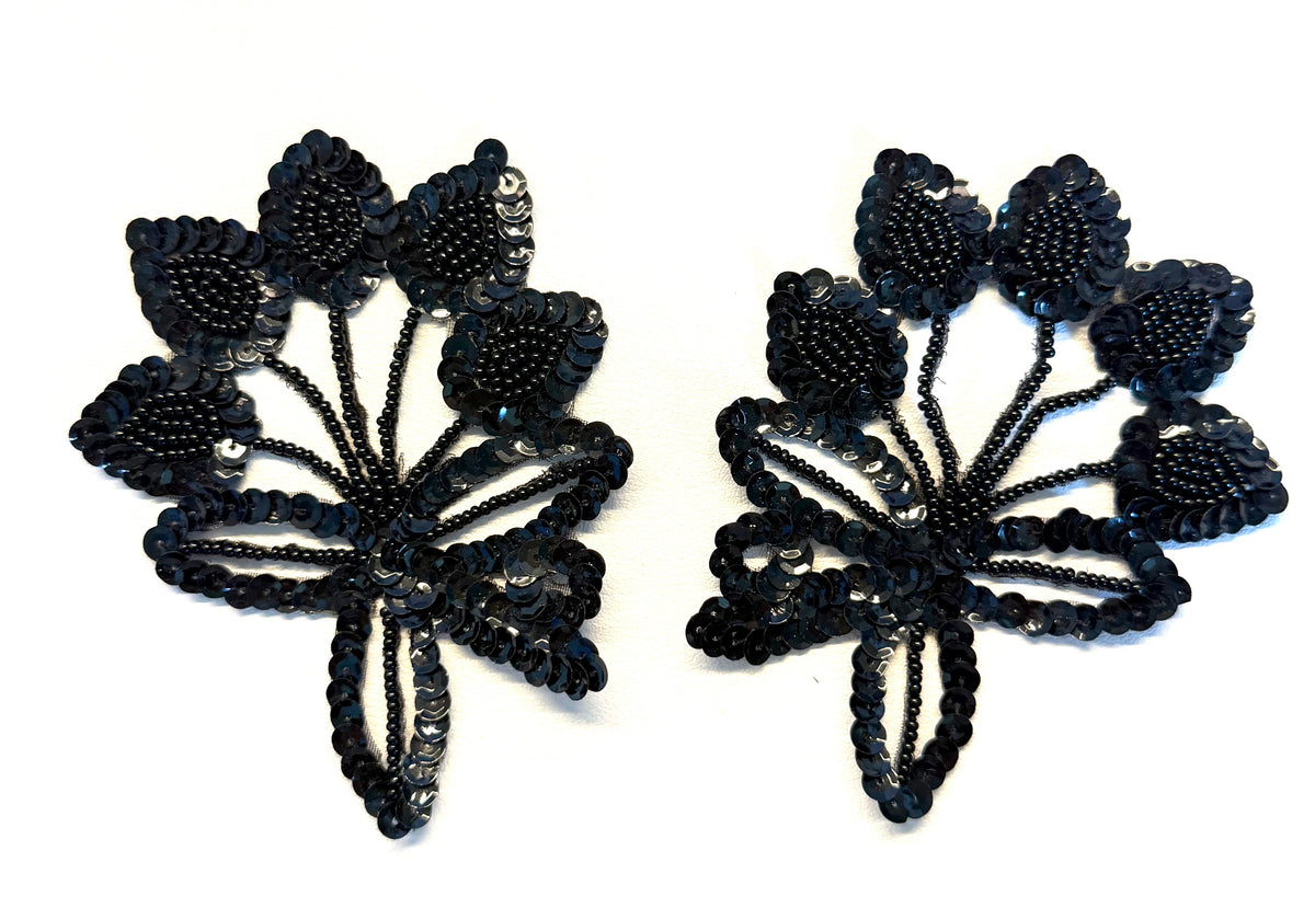 Black Sequin & Glass Bead Flower Appliqué – 4.5" x 3.25"