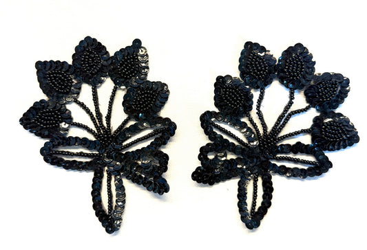 Black Sequin & Glass Bead Flower Appliqué – 4.5" x 3.25"