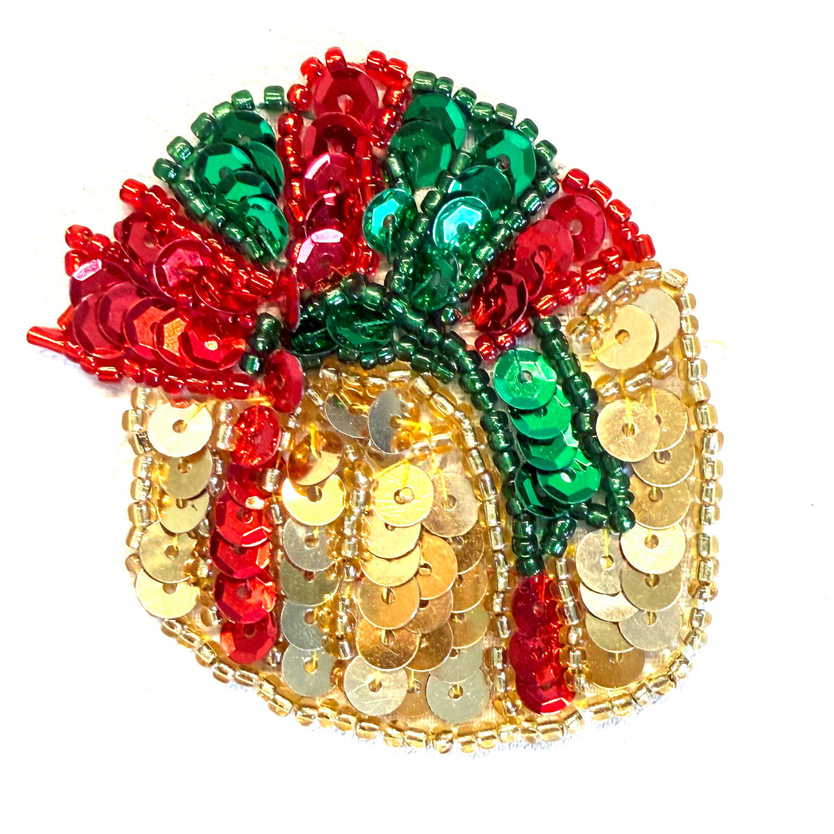 Christmas Present Sequin & Bead Applique, Gold, Red & Green – 2.25" x 2" | Regular or Pre-Glued Backing