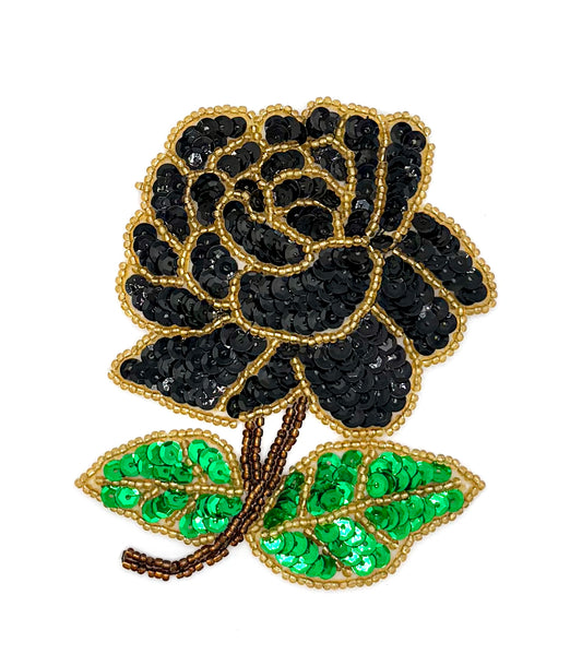 Flower Rose Black with Gold Beads and Sequins 4" x 3"