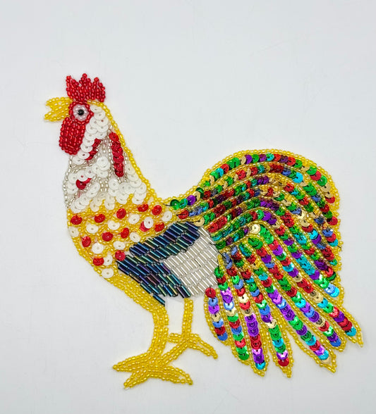 Rooster Appliqué with Colorful Tail Sequin and Beads 7" x 5"