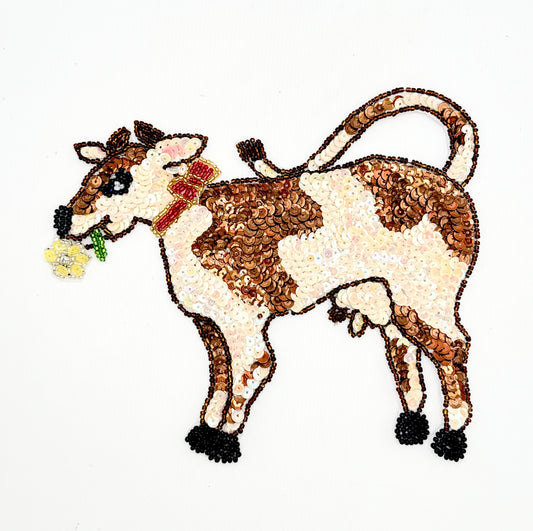 Cow with Bow and Flower - Iridescent Beige, Yellow and Bronze Sequins with Silver, Bronze, Green, Black, White, Red and Gold Beads 7” x 6”