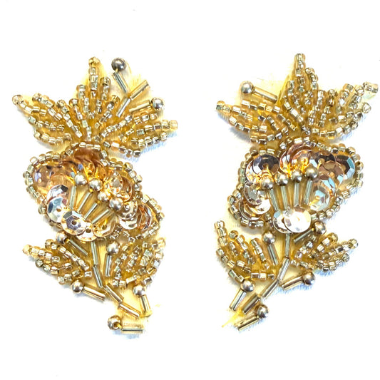 Gold Glass & Pearl Beaded Flower Appliqué Pair, 2.5" x 1.5"