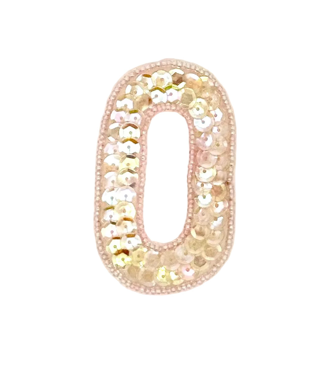 2.75” Number 0 Appliqué - Iridescent Beige Sequins - Pink Beaded Trim