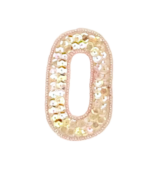 2.75” Number 0 Appliqué - Iridescent Beige Sequins - Pink Beaded Trim