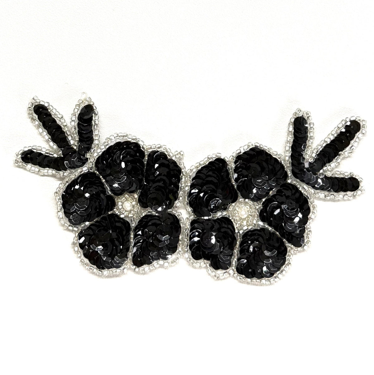 Black Sequin & Silver Bead Double Flower Appliqué with Pearl Center – 6" x 3"