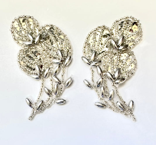Flower Pair with Silver Sequins and Beads 1.5" x 3"