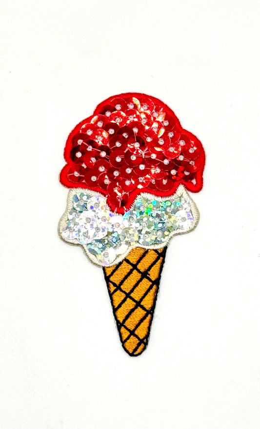 Ice Cream Cone Embroidered Iron-On with Red and Silver Sequins 2.75" x 1.5"