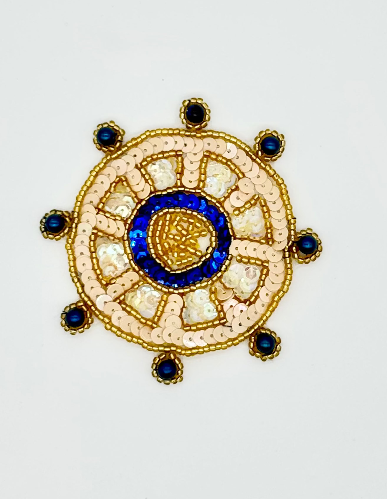 Ship’s Wheel(Helm) with Center Anchor - Choice of Color Red/Blue Center - Sequins/Beads - 3.5” x 3.5”