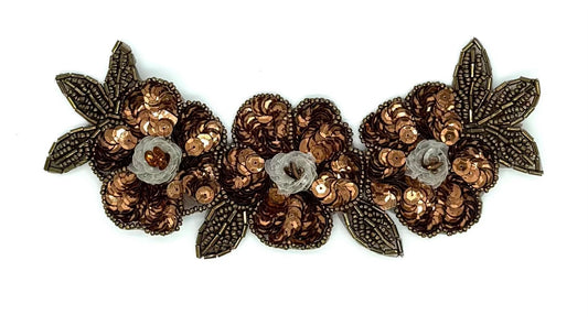 Triple Flower - Bronze Sequins and Beads 7.25" x 3.5"