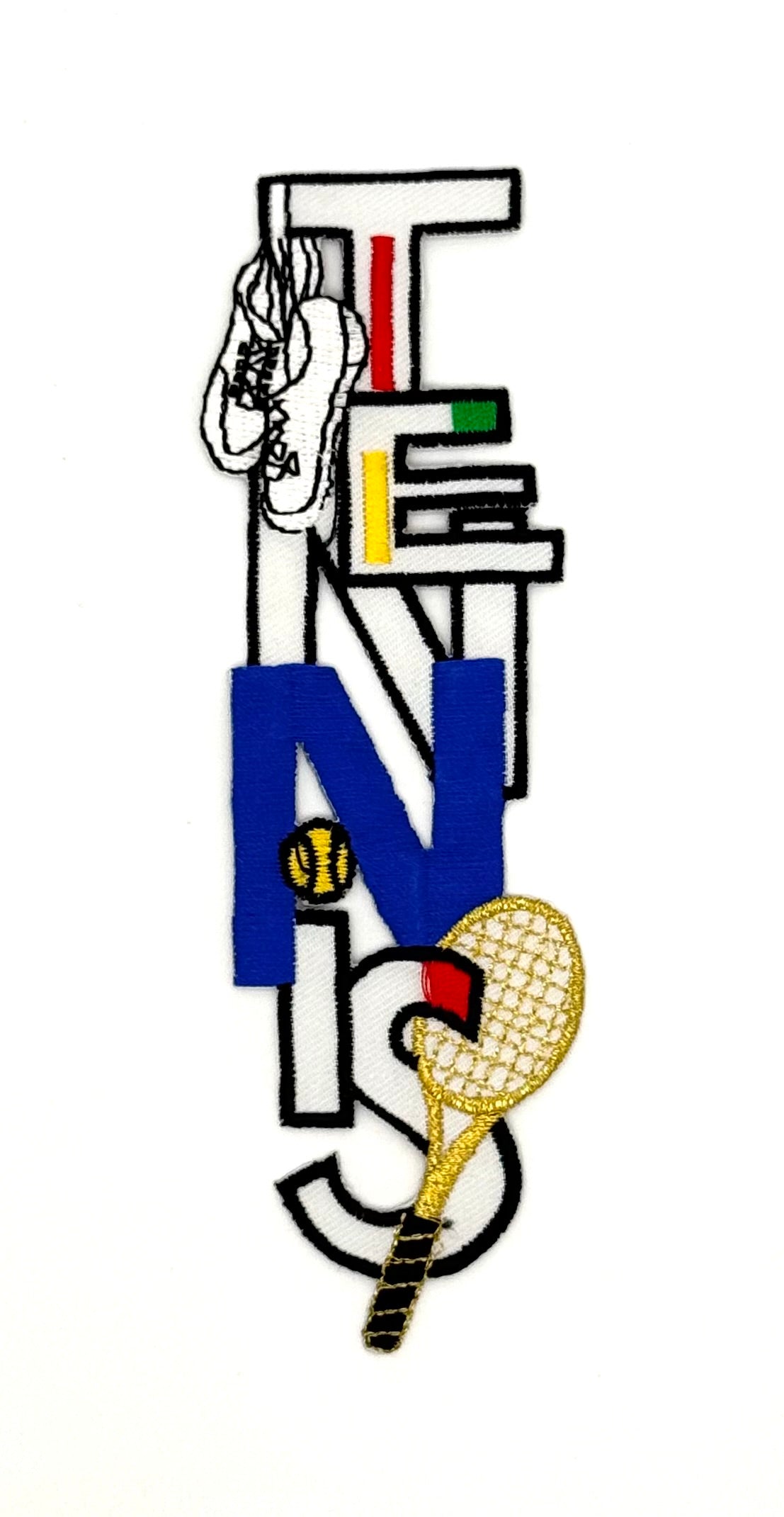 Word Tennis Vertical with Tennis Gear - Multicolored -Embroidered Iron-On 6" x 2"
