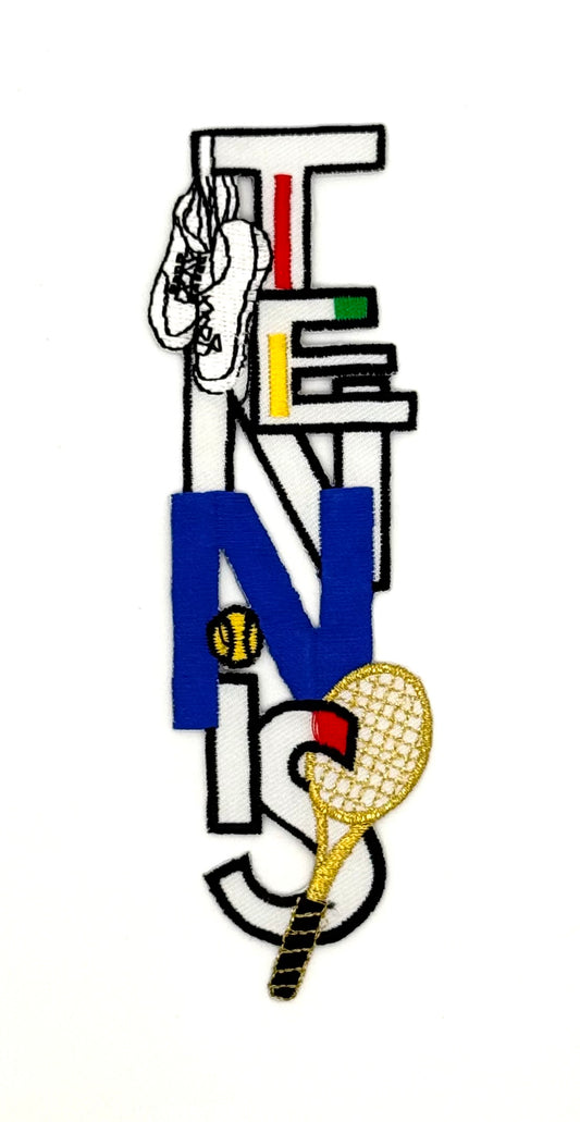 Tenis Vertical de Palabras con Equipo de Tenis, Multicolor, Bordado para Planchar 6" x 1.75"