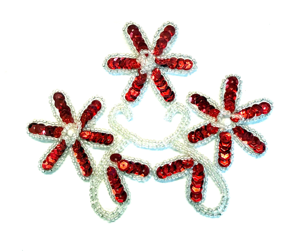 Set triple de flores con lentejuelas rojas y abalorios plateados 12,7 x 10,8 cm
