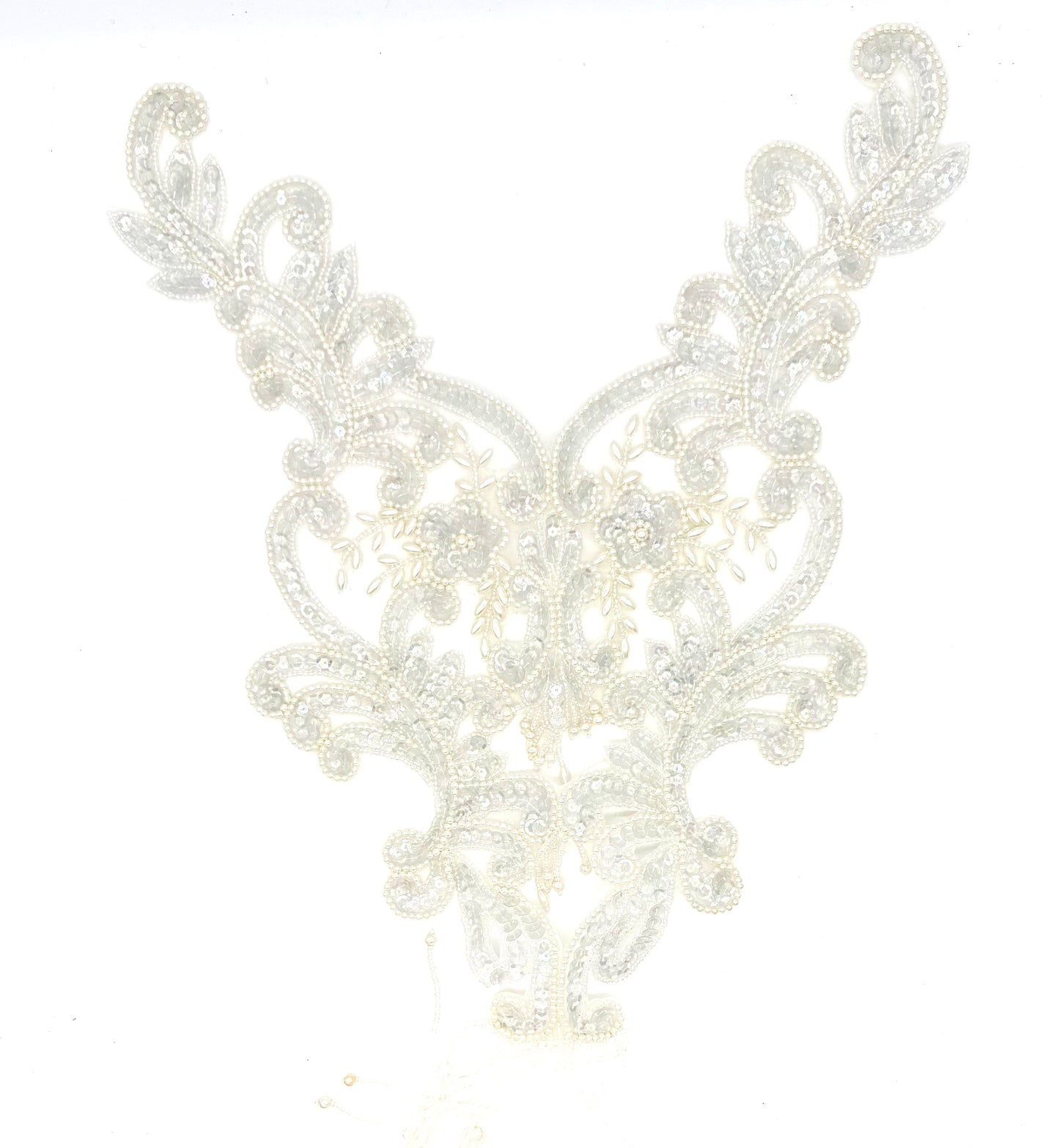 Designer Motif Bodice Neckpiece - White Sequins - Beads -  Pearls 20”x 13”