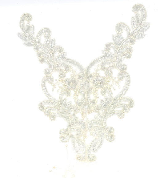 Designer Motif Bodice Neckpiece - White Sequins - Beads -  Pearls 20”x 13”