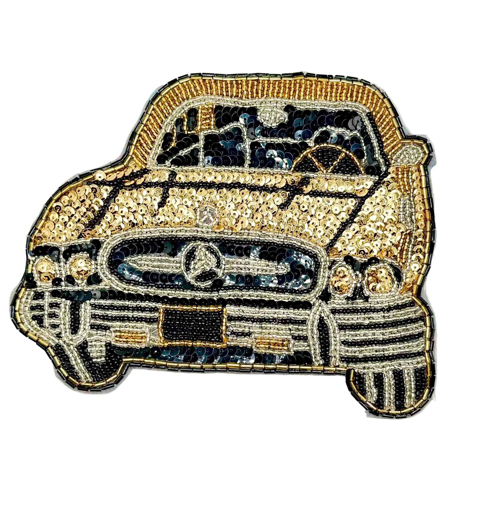 A vintage car-shaped patch embellished with gold, black, and silver sequins and beads featuring a prominent Mercedes-Benz logo on the grille, isolated on a white background.
