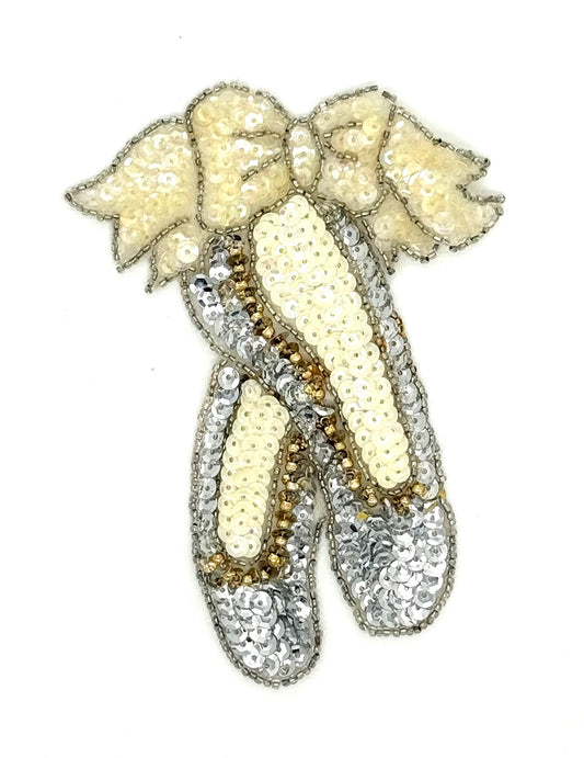 Ballet Slippers - Silver/Ivory/Iridescent Sequins - Glass Beads 5.25"x 4"