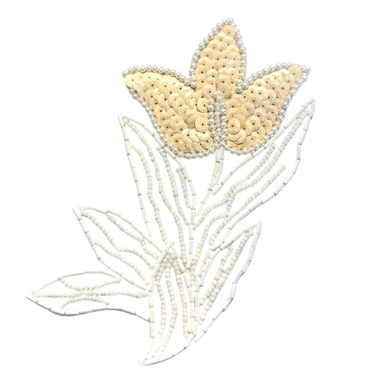 sequin and beaded flower appliqué. Sequins combine with white bugle, glass, and pearl beads, Beige and White