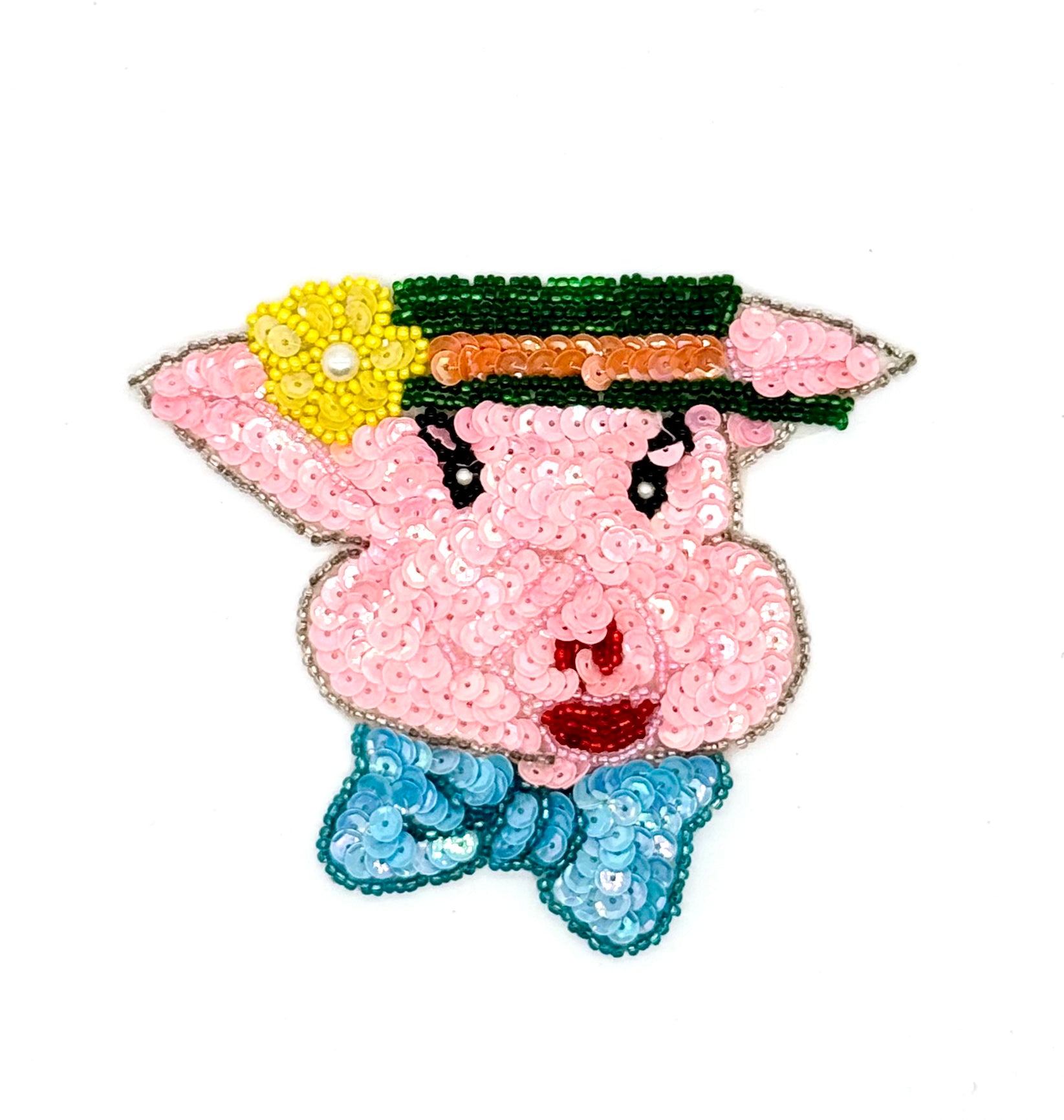 Sequined pig character with colorful hat on a white background