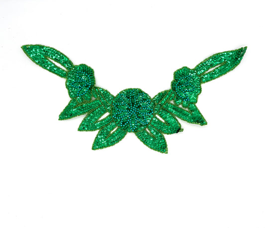 Designer Motif Flower Neckpiece - Green Sequins - Turquoise Beads 16" x 7.5"