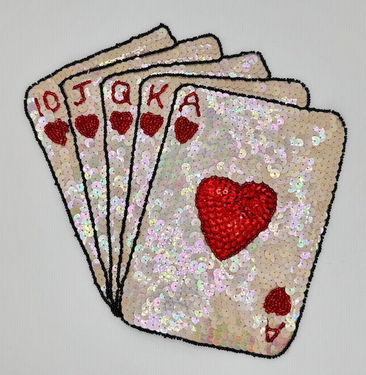 Royal Flush with Beige Iridescent and Red Sequins - Black Beads -  8” x 8”
