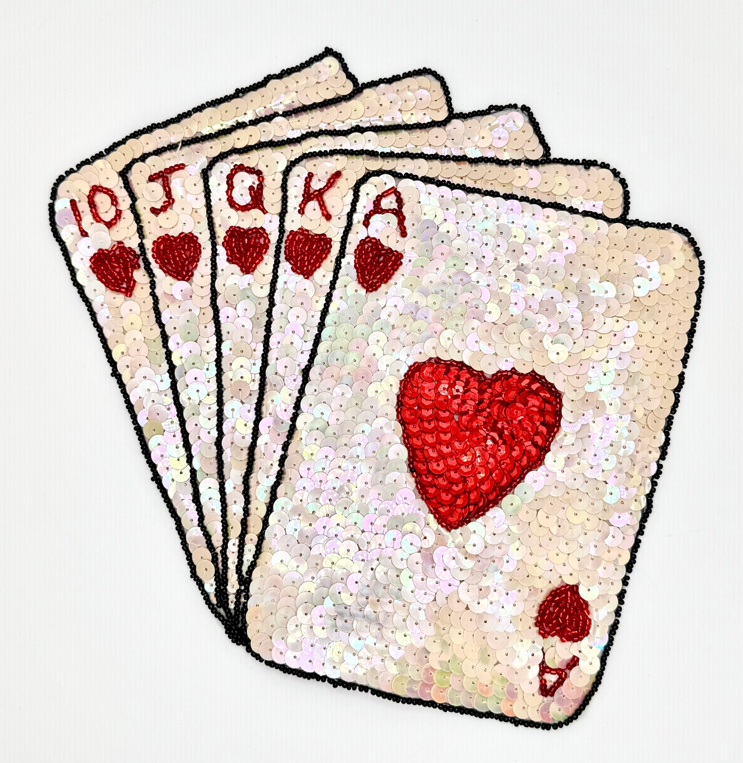 Royal Flush with Beige Iridescent and Red Sequins - Black Beads -  8” x 8”