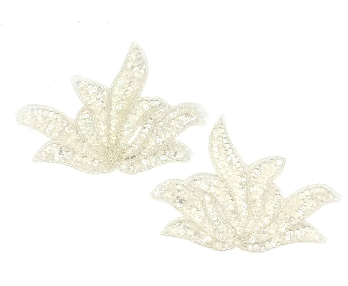 Leaf Pair Applique - Iridescent White Sequins - Glass Beads 6.5" x 4.75"
