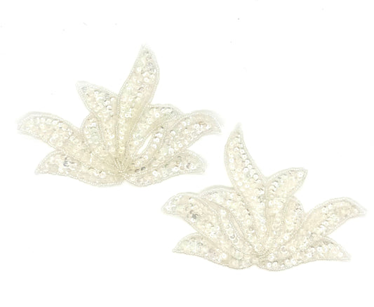 Leaf Pair Applique - Iridescent White Sequins - Glass Beads 6.5" x 4.75"