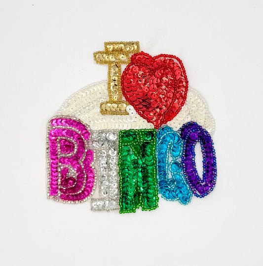 "I Love Bingo" With Iridescent White Background and Multicolor Sequins and Beads 4.5" x 4.5"