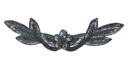 Flower Neckline & Waistline Appliqué – Moonlight Sequins & Glass Beads, 17" × 4.5"