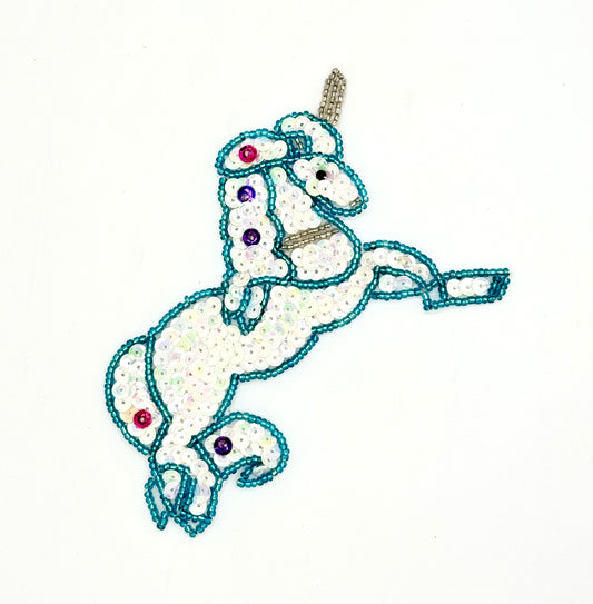Unicorn - White Iridescent, Fuchsia and Purple Sequins - Turquoise and Silver Beads 4” x 3”