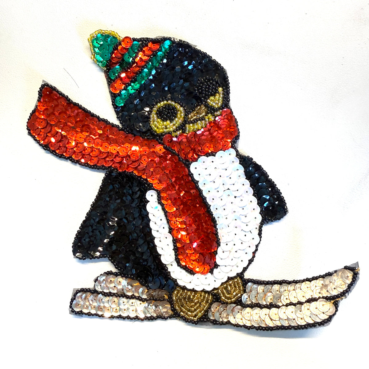 Skiing Penguin Sequin Appliqué with Beads, 6.5" x 6.5"