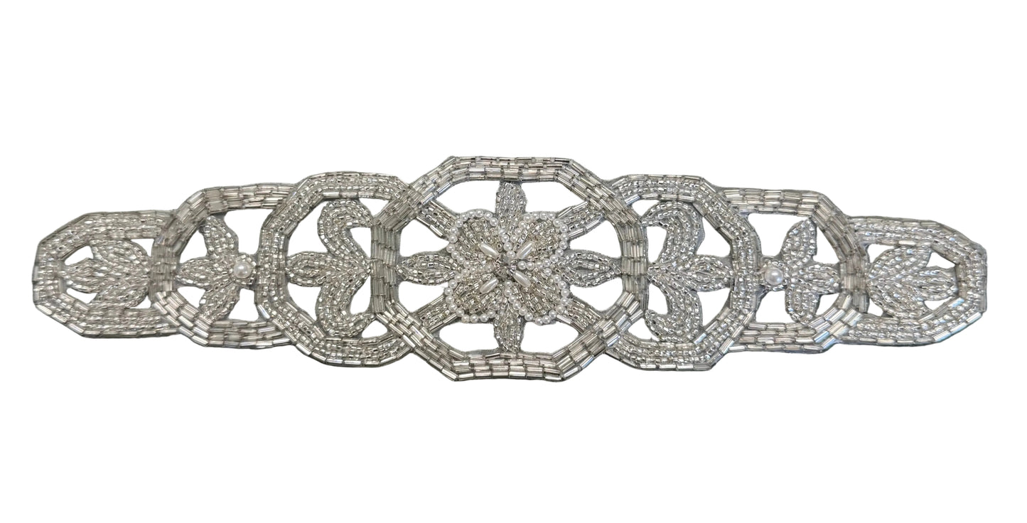 Designer Motif Belt Line - Silver Bugle and Glass Beads - Rhinestone - Pearls 10.5" x 2.75"
