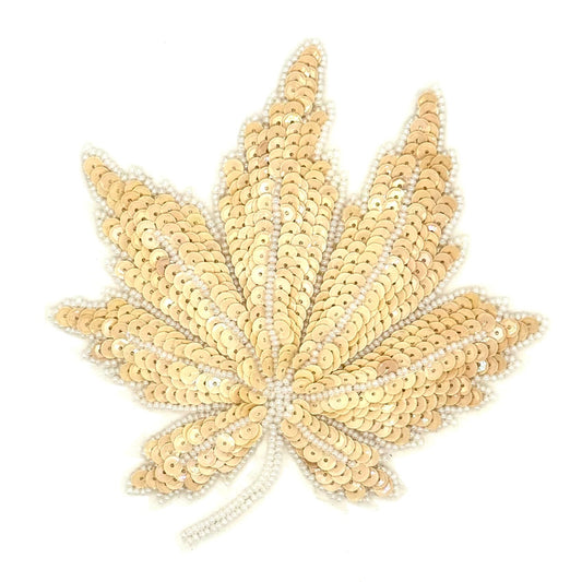 Leaf with Two Variants Beige and White Sequins and Beads 6" x 5"