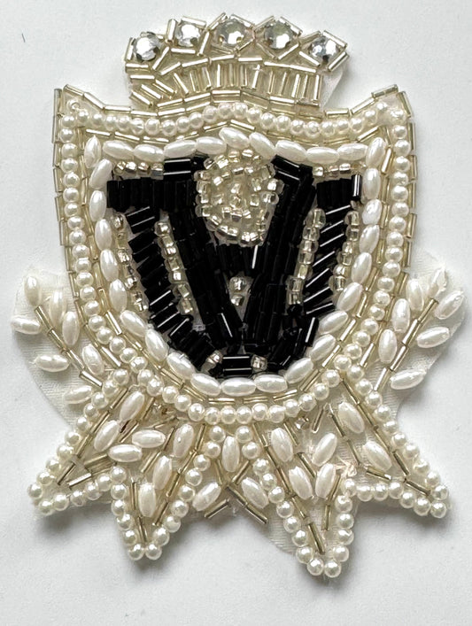 Crest with Black, White Silver Beads and Rhinestones 3.5" x 2.5"