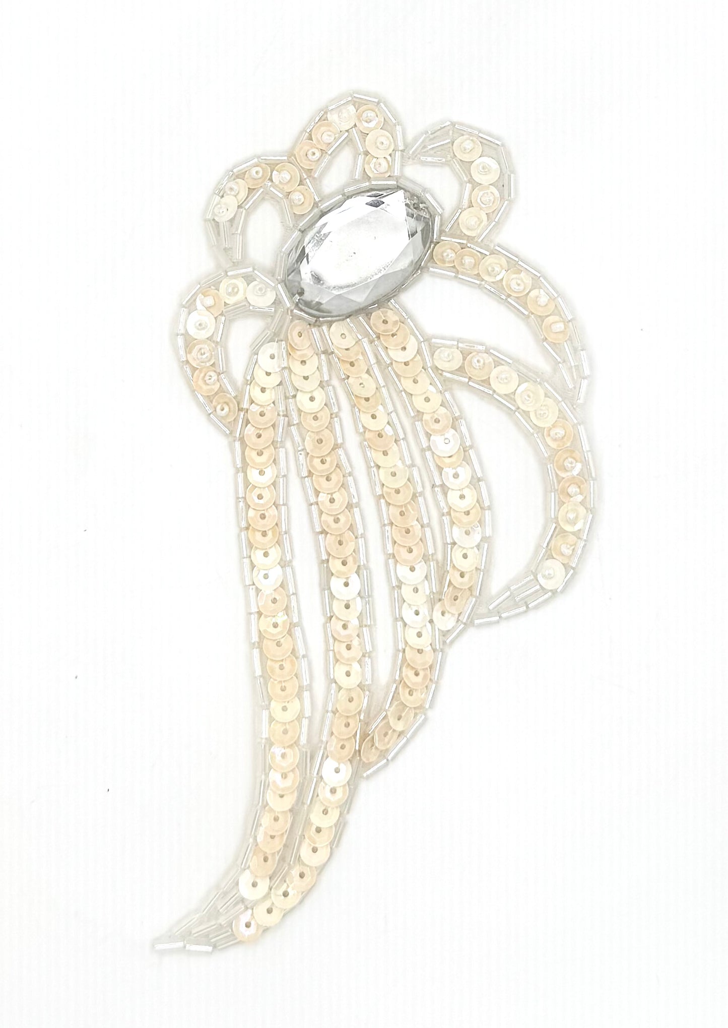 Design Motif with Off White Sequins, White Beads and a Large Center Rhinestone Beads 6" x 3"