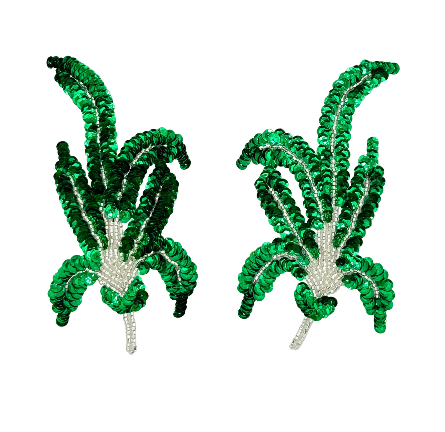 Par de hojas con lentejuelas verdes y cuentas plateadas 15.8 cm x 10.1 cm - Opción de par o individual