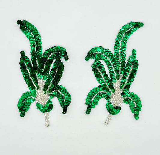 Leaf Pair with Green Sequins and Silver Beads 6" x 3.5" - Choice of Pair or Single