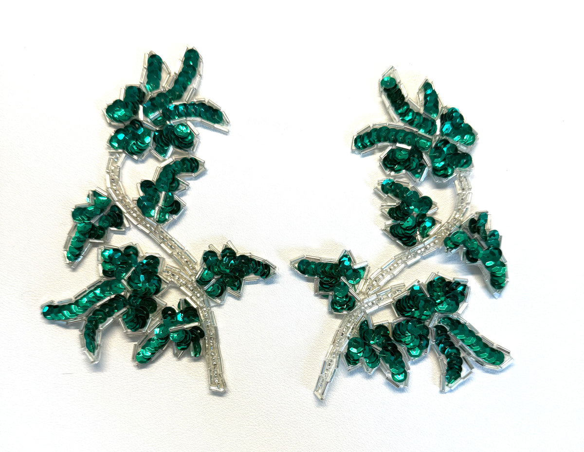 Emerald Green Sequin Flower Appliqué with Silver Beads, 5 x 4 in
