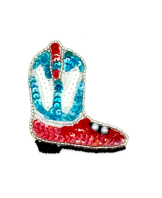 Handmade Western Style Boot Appliqué with Turquoise/White/Rose Sequins 2.75” x 2.5"