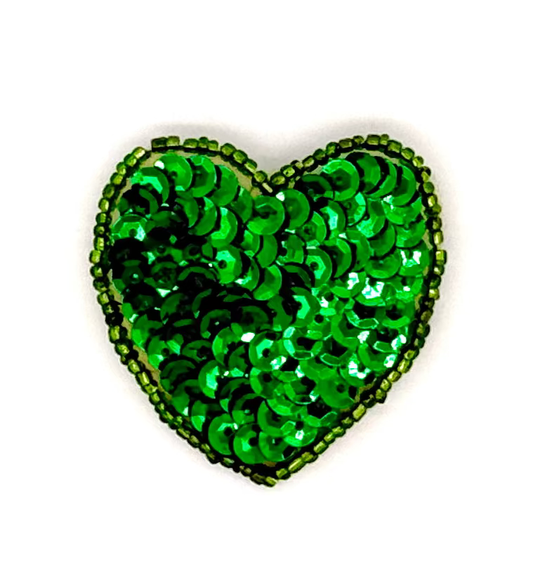 Heart Appliqué - Emerald Green Sequins/Beads 2” x 2”